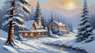 The primary subject of the image is a snow-covered village with a large house and a church. The setting is a winter landscape with snow-covered trees and a river. The visual style is a painting, which gives the scene a warm and cozy atmosphere. The dominant colors are white, gray, and brown, which create a serene and peaceful mood.